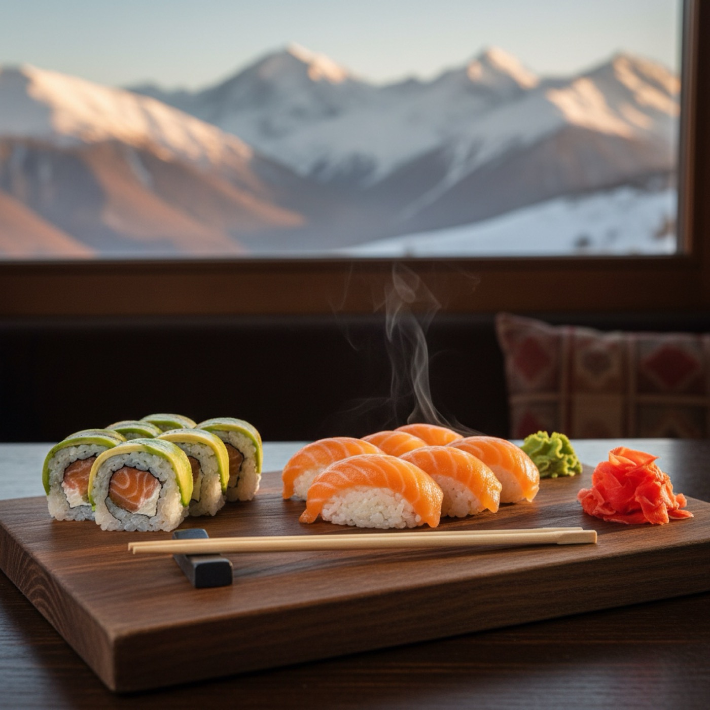 Sushi platter with the snowy peaks of Kazbegi in the window