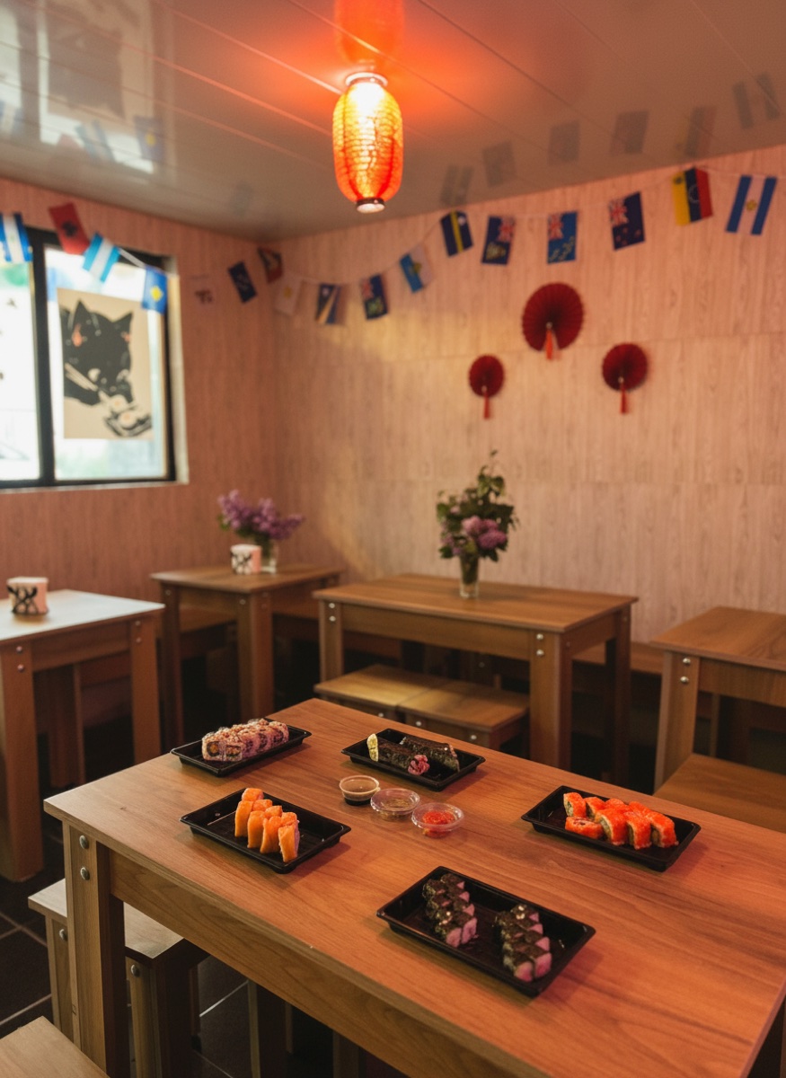 Cozy Agrai dining room with a red lantern and world flags